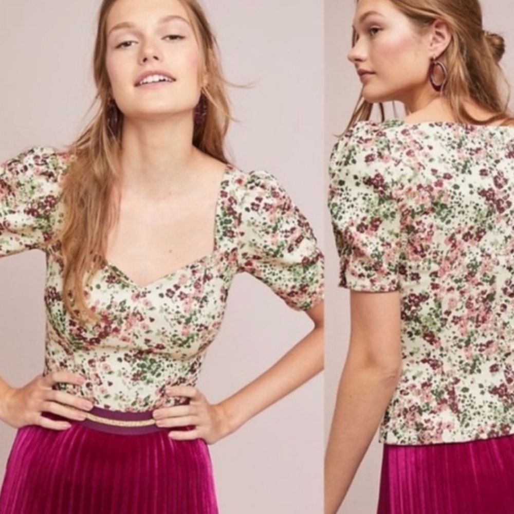 Maeve Anthropologie Ivory Floral Tapestry Blouse Puff Sleeve Sweetheart Sz 12